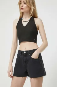 Rifľové krátke nohavice Tommy Jeans dámske, čierna farba, jednofarebné, vysoký pás #8491581