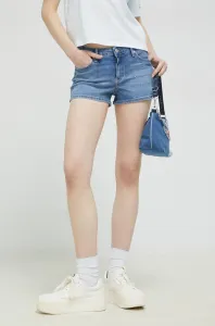 Rifľové krátke nohavice Tommy Jeans dámske, jednofarebné, stredne vysoký pás #7527521