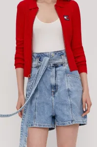 Rifľové krátke nohavice Tommy Jeans dámske, jednofarebné, vysoký pás