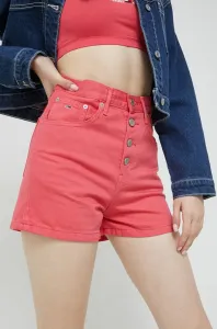 Rifľové krátke nohavice Tommy Jeans dámske, ružová farba, jednofarebné, vysoký pás #7523327