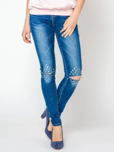 Jeans decorated with cuts and rhinestones on the knees navy blue #7711575