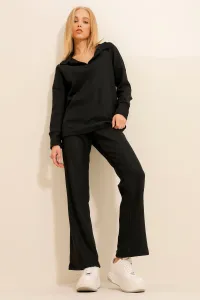 Trend Alaçatı Stili Women's Black Polo Neck Top And Palazzon Trousers Knitwear Bottom Top Suit