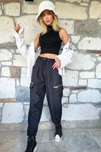 Trend Alaçatı Stili Dámske čierne nohavice na zips detail jogging nohavice