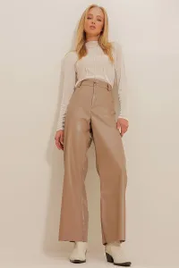 Trend Alaçatı Stili Women's Dark Beige Double Pocket Palazzo Leather Pants