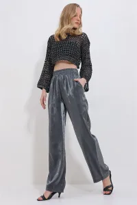 Trend Alaçatı Stili Women's Gray Double Pocket Elastic Waist Shiny Satin Palazzo Trousers #8959306
