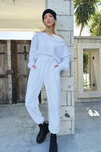 Trend Alaçatı Stili Women's White Double Pocket Jogging Textured Trousers with Elastic Waist and Leg