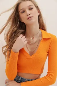 Trend Alaçatı Stili Women's Orange Polo Neck Corduroy Soft Textured Crop Top