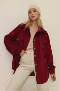 Trend Alaçatı Stili Women's Cherry Velvet Cotton Double Pocket Oversize Jacket Shirt