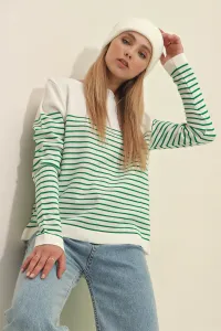 Trend Alaçatı Stili Women's Green Boat Collar Striped Seasonal Knitwear Sweater