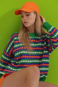 Trend Alaçatı Stili Dámsky zelený Crew Krk Žakár Viacfarebný pletený sveter