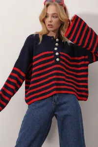 Trend Alaçatı Stili Women's Navy Blue-Red Crew Neck Front Gold Buttons Striped Knitwear Sweater
