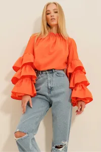 Trend Alaçatı Stili Women's Orange Turtleneck Sleeves Flounce Woven Woven Blouse