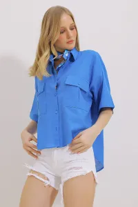 Trend Alaçatı Stili Women's Saxe Blue Double Pocket Half Sleeve Linen Shirt