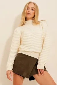 Trend Alaçatı Stili Women's Vanilla Turtleneck Soft Textured Openwork Knitwear Sweater