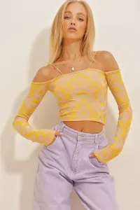 Trend Alaçatı Stili Women's Yellow Lilac Rope Strap Detailed Long Sleeve Patterned Crop Knitted Blouse