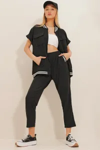 Trend Alaçatı Stili Women's Black Four Pockets Ribbed Double Sleeve Jacket And Pants Suit