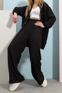 Trend Alaçatı Stili Women's Black Safari Jacket with Two Pockets and Elastic Waist Wide Leg Aerobin Pants Suit