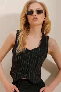Trend Alaçatı Stili Dámska čierna pruhovaná vesta s gombíkmi kardiolíka
