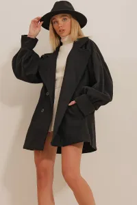 Trend Alaçatı Stili Dámsky čierny dvojradový golier Balónový rukáv pečiatkovaný kabát