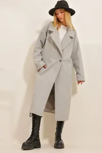 Trend Alaçatı Stili Dámsky sivý dvojradový golier dvojitý vreckový podšitý kabát #8431156