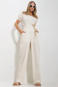 Trend Alaçatı Stili Women's Cream Front Buttoned Double Pocket Mikanos Linen Jumpsuit