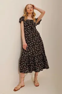 Trend Alaçatı Stili Dámske čierne štvorcové golierové vzorované viskózové šaty v midi dĺžke