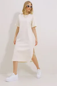 Trend Alaçatı Stili Women Ecru Crew Neck Double Sleeve Slit Dress