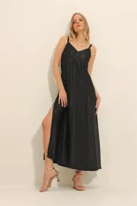 Trend Alaçatı Stili Women's Black Strappy Cotton Satin Dress with Side Slit