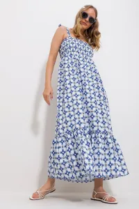 Trend Alaçatı Stili Women's Blue Strap Skirt Flounce Floral Pattern Gimped Woven Dress