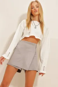 Trend Alaçatı Stili Women's Gray Zipper Detailed Suede Shorts Skirt