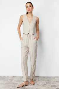 Trendyol Beige Elastic Waist Straight/Straight Cut Cotton Linen Woven Trousers