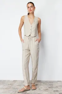 Trendyol Beige Elastic Waist Straight/Straight Cut Cotton Linen Woven Trousers #9191088