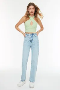 Trendyol Blue High Waist Long Straight Jeans With Buttons In The Front