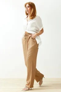 Trendyol Camel Straight/Straight Cut Elastic Waist Lace-up Linen Look Trousers #9212213