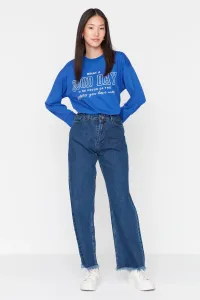 Trendyol Dark Blue 100% Cotton High Waist Detailed Wide Leg Jeans with Worn Legs