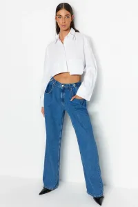 Trendyol modré plisované džínsy s vysokým pásom so širokými nohavicami na gombíky detailné