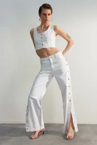 Trendyol limitovaná edícia biela patentka detailné džínsy s vysokým pásom so širokými nohavicami