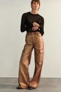 Trendyol limitovaná edícia bronzové džínsy so širokou nohou s lesklou potlačou