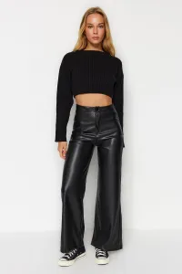 Trendyol Black Faux Leather Wide Leg Pocket Detailed Knitted Pants
