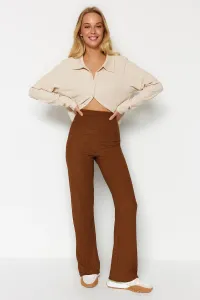Trendyol Brown Textured High Waist Straight Fit/Straight Leg Stretchy Knit Pants