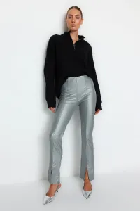 Trendyol Silver Shiny Surface Faux Leather Slit High Waist Trousers