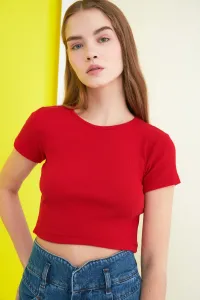 Trendyol Red Fitted/Situated Crew Neck Crop Corduroy Stretch Knitted Blouse #2798796