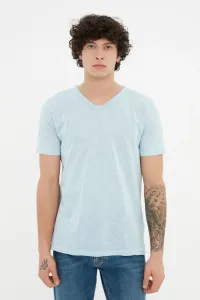 Trendyol Blue pánske basic pravidelné/pravidelné tričko s výstrihom do V 100% bavlnené rozšírené jednoduché džersejové tričko