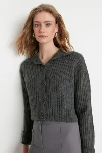 Trendyol Anthracite Crop Soft Textured Stand-Up Collar Knitwear Cardigan