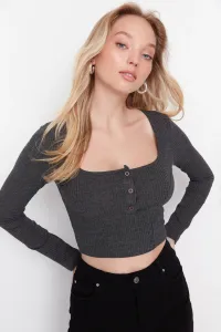 Trendyol Anthracite Button Detailed Square Neck Fitted/Situated Ribbed Flexible Crop Knitted Blouse #4656337