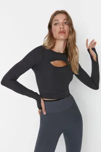 Trendyol Dark Anthracite Crop Window/Cut Out and Thumb Hole Detailed Knitted Sports Top/Blouse #5194057