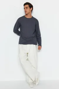 Trendyol antracit pánsky základný bežný/pravidelný strih, crew neck dlhý rukáv, tričko zo 100% bavlny