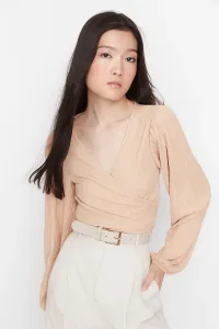 Trendyol Beige Double-breasted Neck Balloon Sleeve Crepe Knitted Blouse