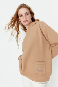 Trendyol Beige Loose Hooded Printed and Raised Knitted Sweatshirt