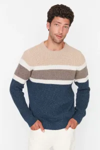 Trendyol Beige Men's Slim Fit Crew Neck Paneled Knitwear Sweater #4658521